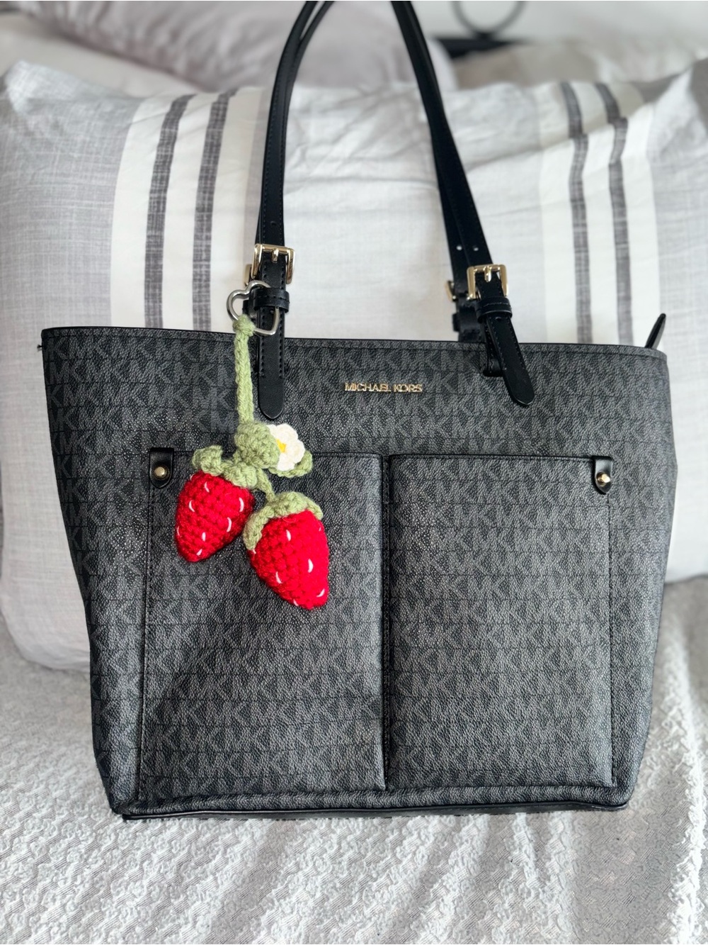 Michael Kors Black Logo Tote with Red Strawberry Charm